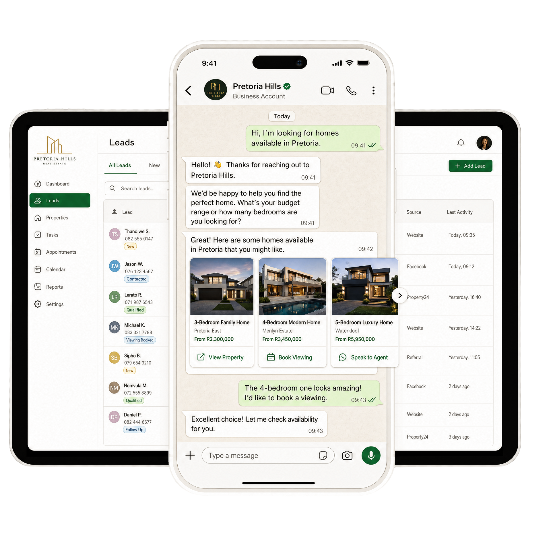 WhatsApp conversation alongside a real estate CRM lead dashboard powered by Otomate